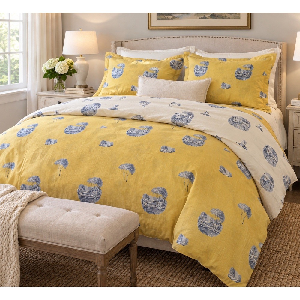 Yves Delorme Paris Queen Reversible Duvet Cover + 2 Shams  Luxury Percale France